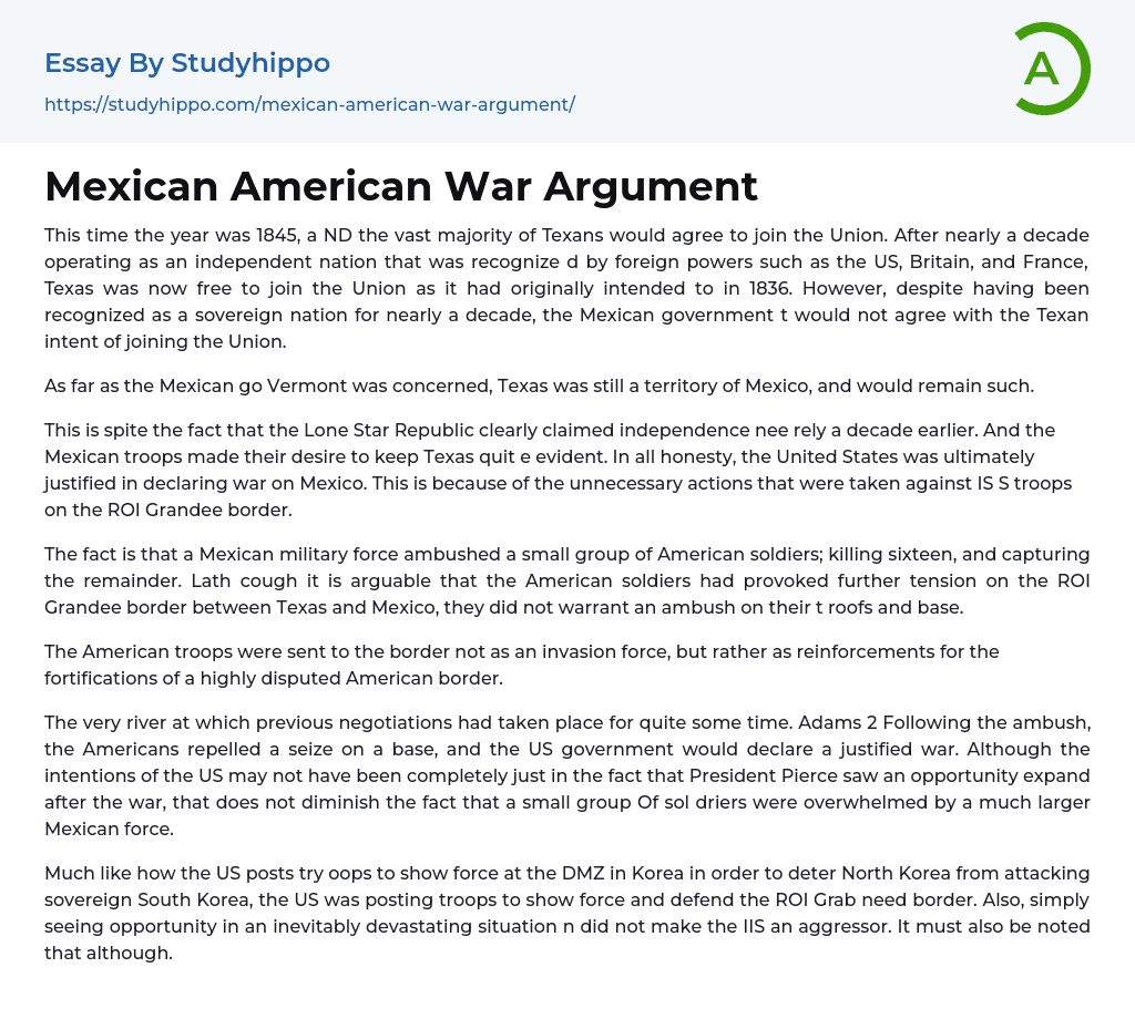 Mexican American War Argument Essay Example