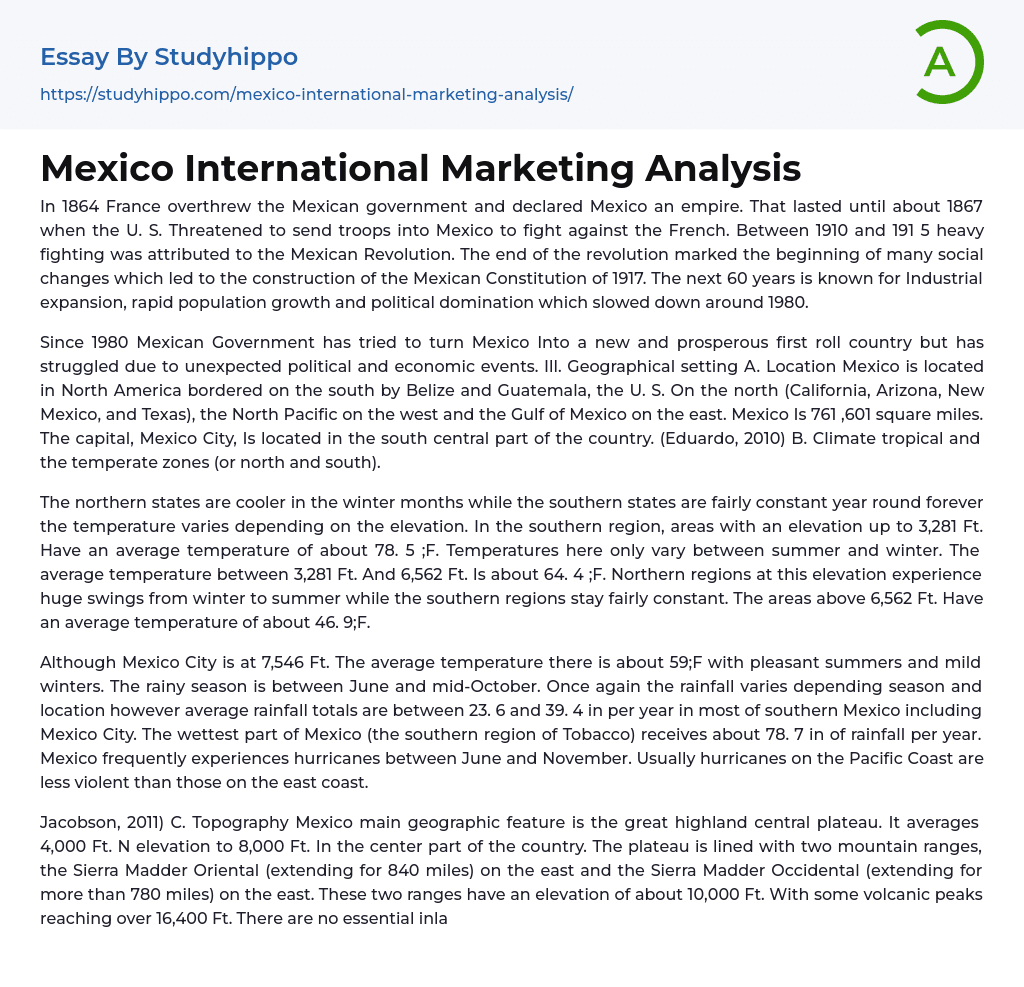 Mexico International Marketing Analysis Essay Example