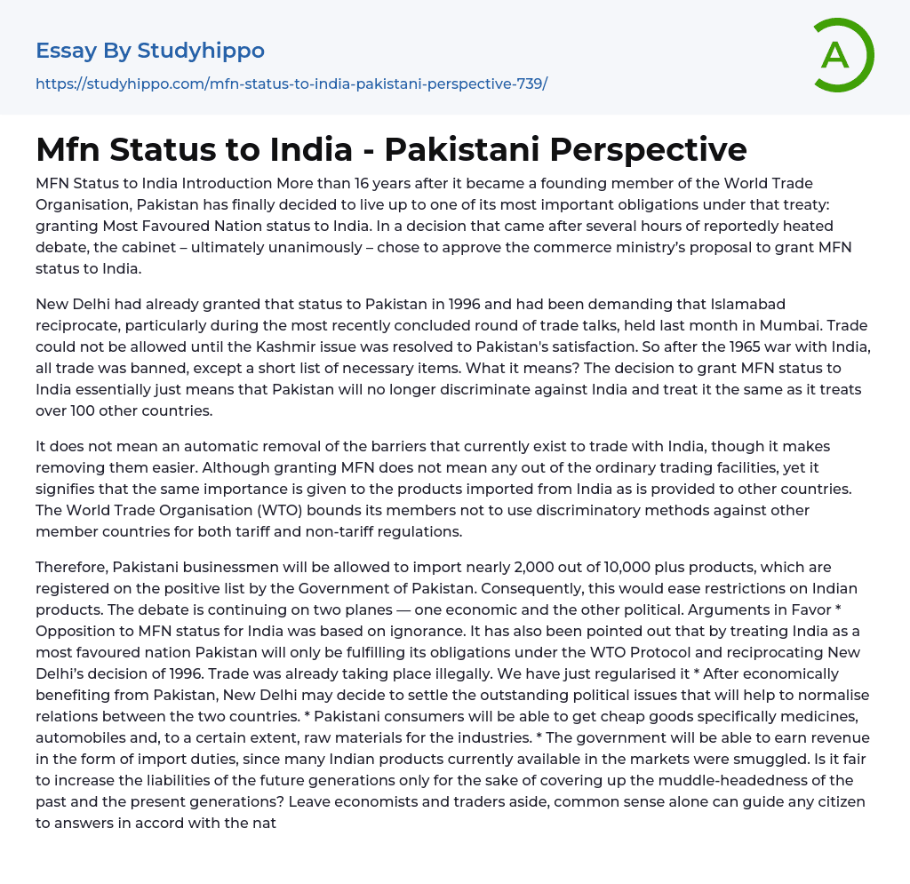 Mfn Status to India – Pakistani Perspective Essay Example