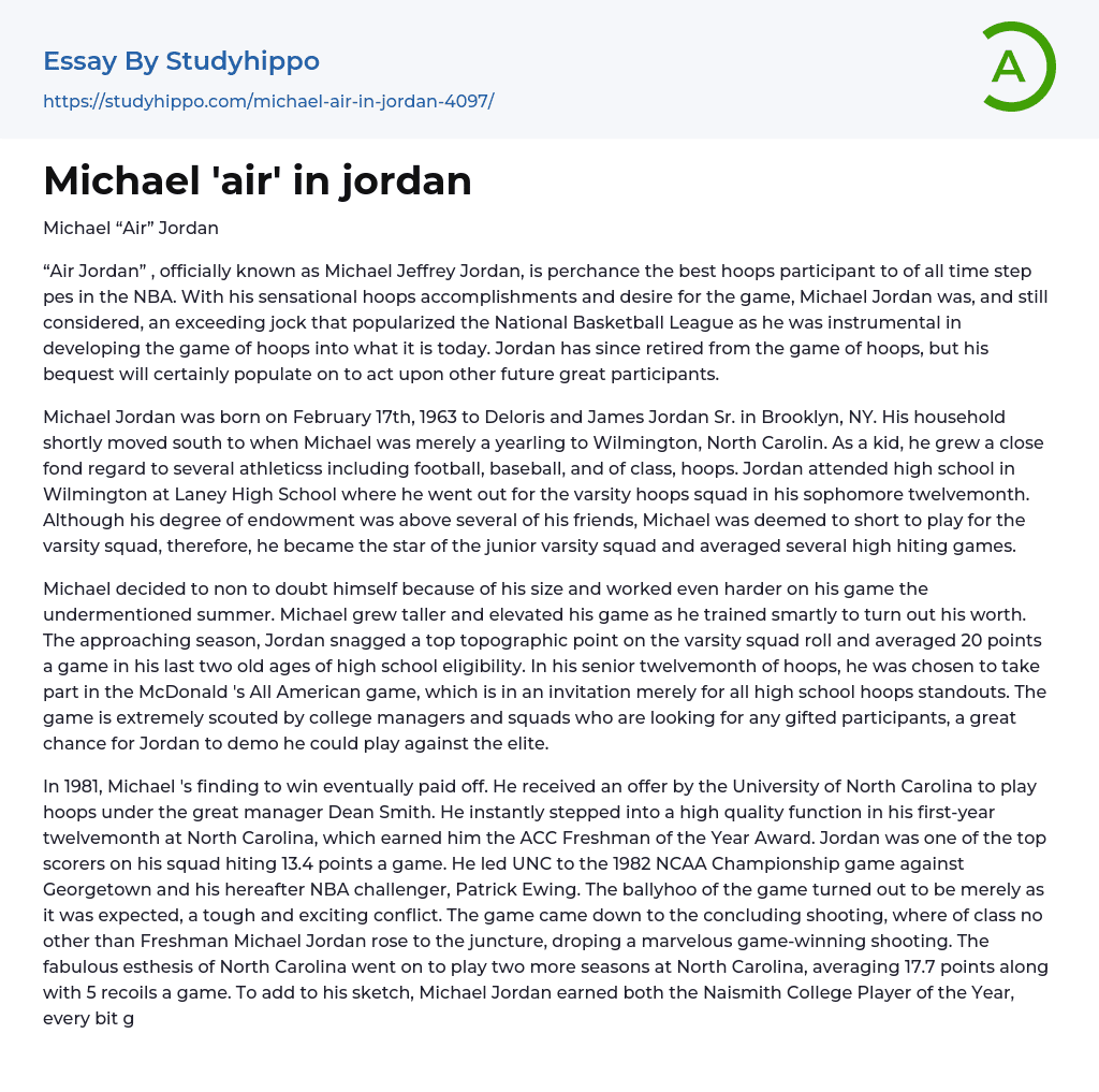 Michael ‘air’ in jordan Essay Example