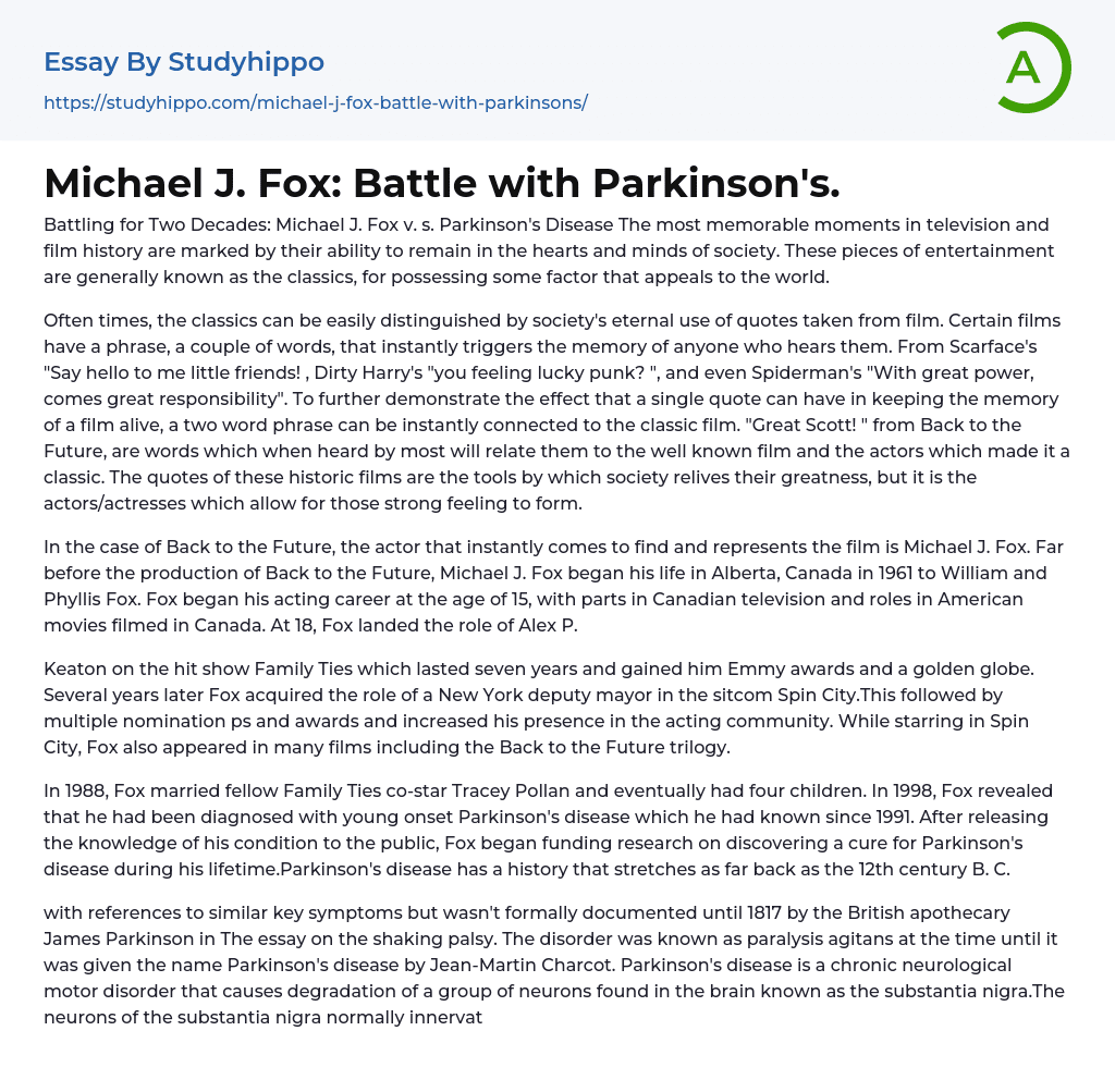 Michael J. Fox: Battle with Parkinson’s. Essay Example