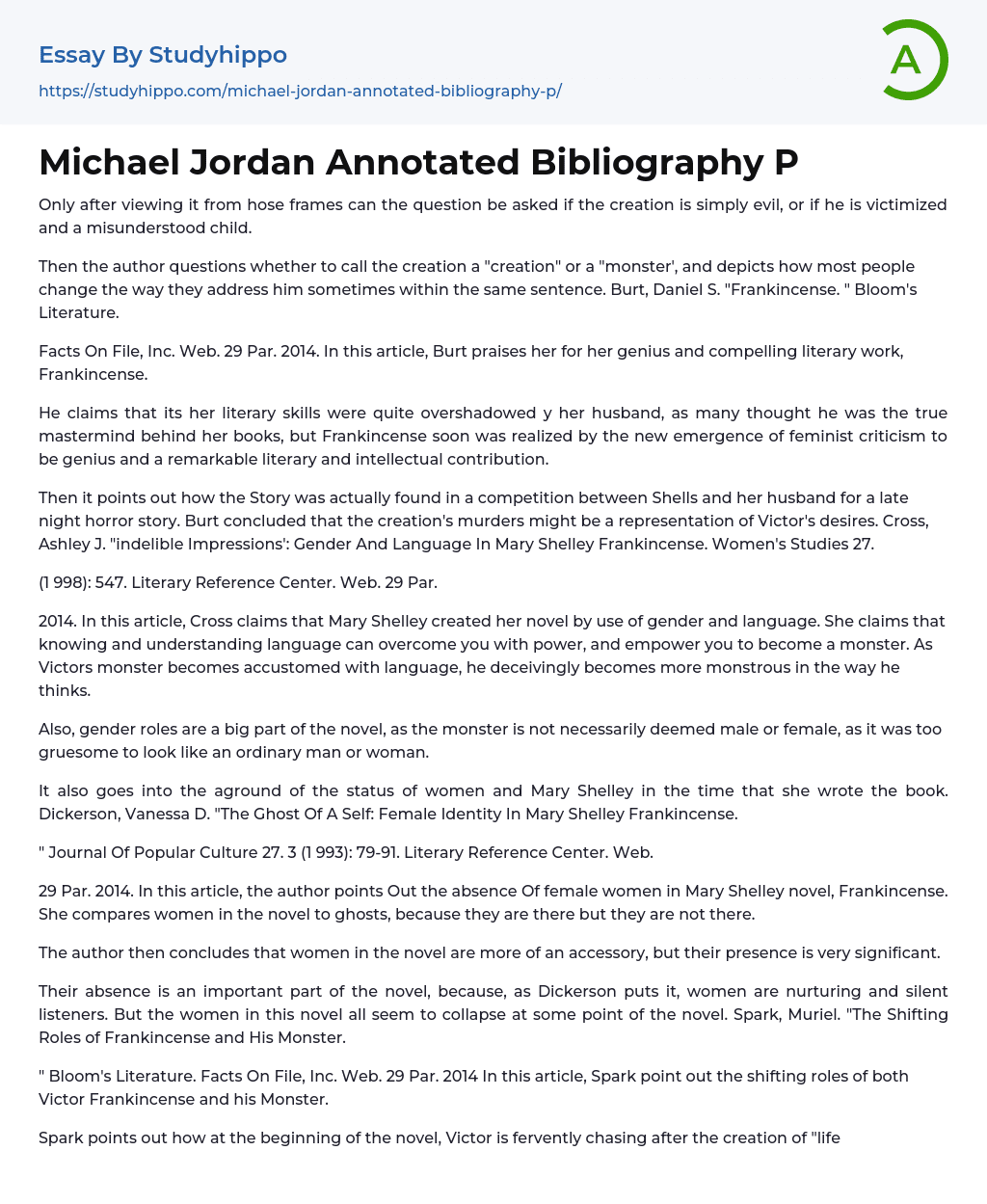 Michael Jordan Annotated Bibliography P Essay Example