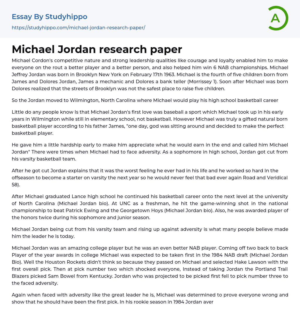 Michael Jordan research paper Essay Example