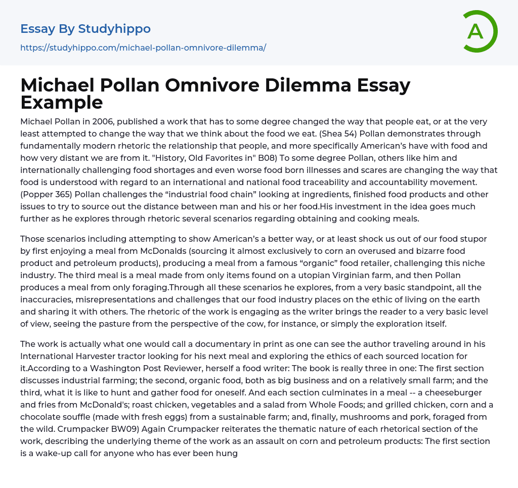 Michael Pollan Omnivore Dilemma Essay Example