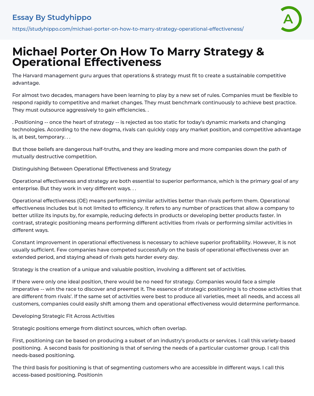 Michael Porter On How To Marry Strategy & Operational Effectiveness Essay Example