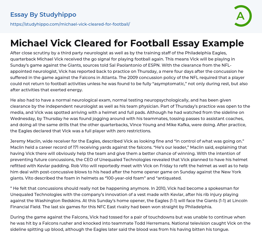 Michael Vick Cleared for Football Essay Example