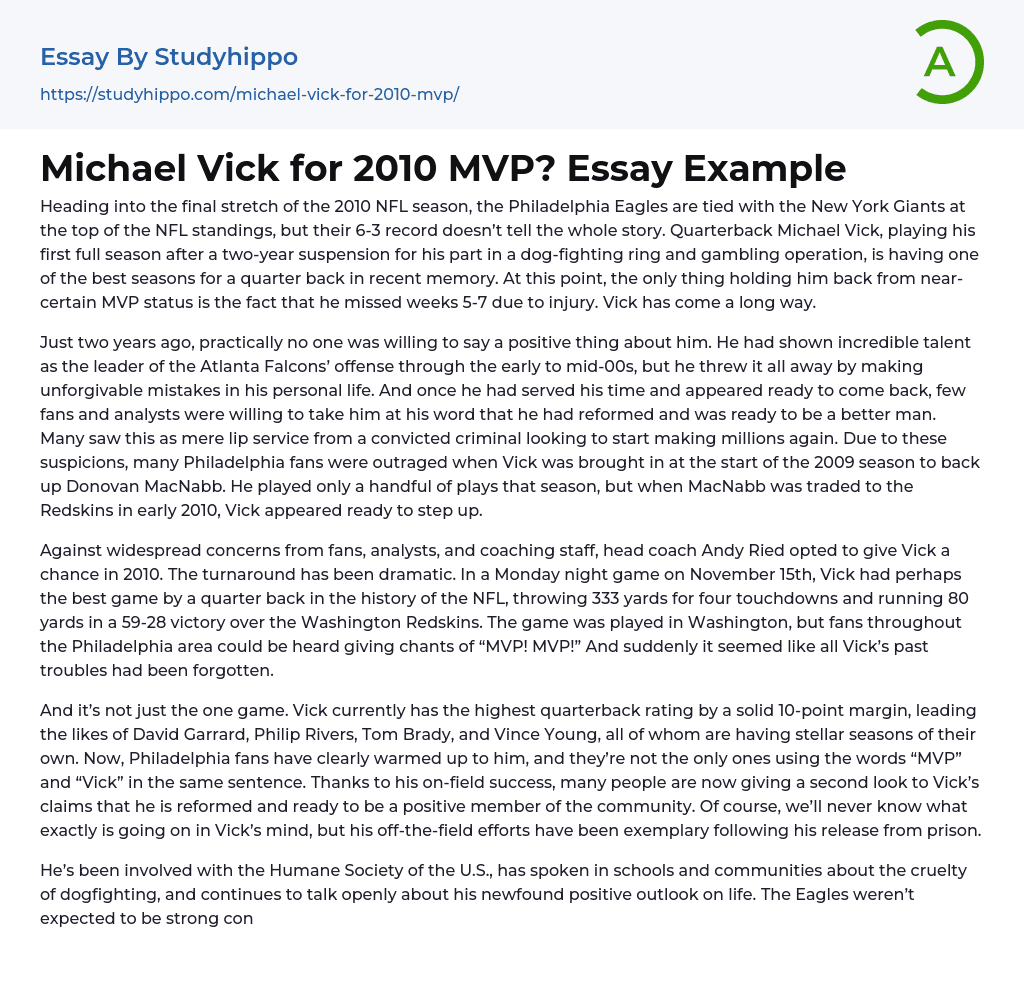 Michael Vick for 2010 MVP? Essay Example