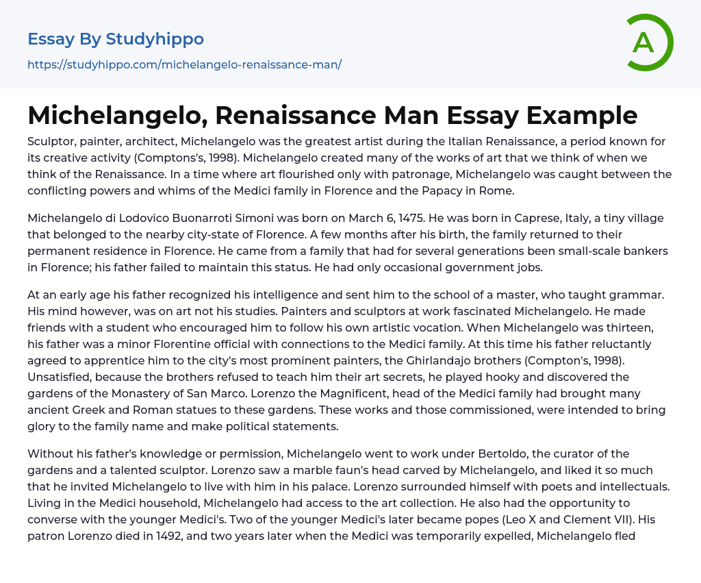 Michelangelo, Renaissance Man Essay Example
