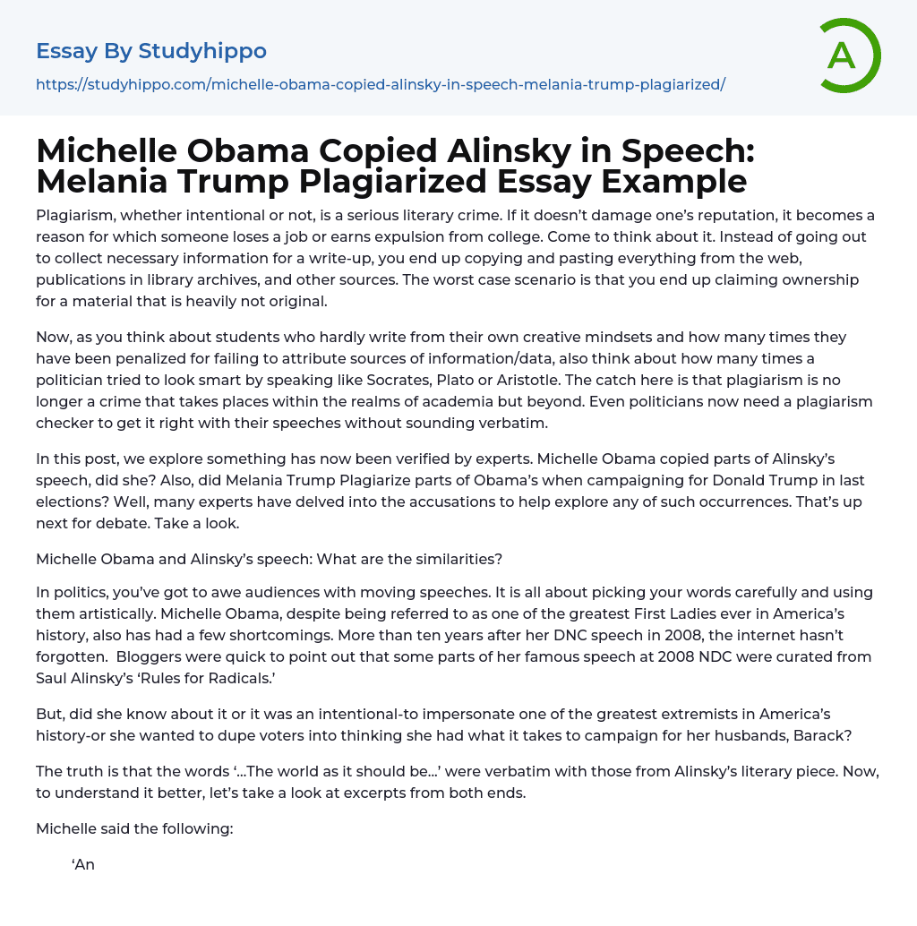 Michelle Obama Copied Alinsky in Speech: Melania Trump Plagiarized Essay Example