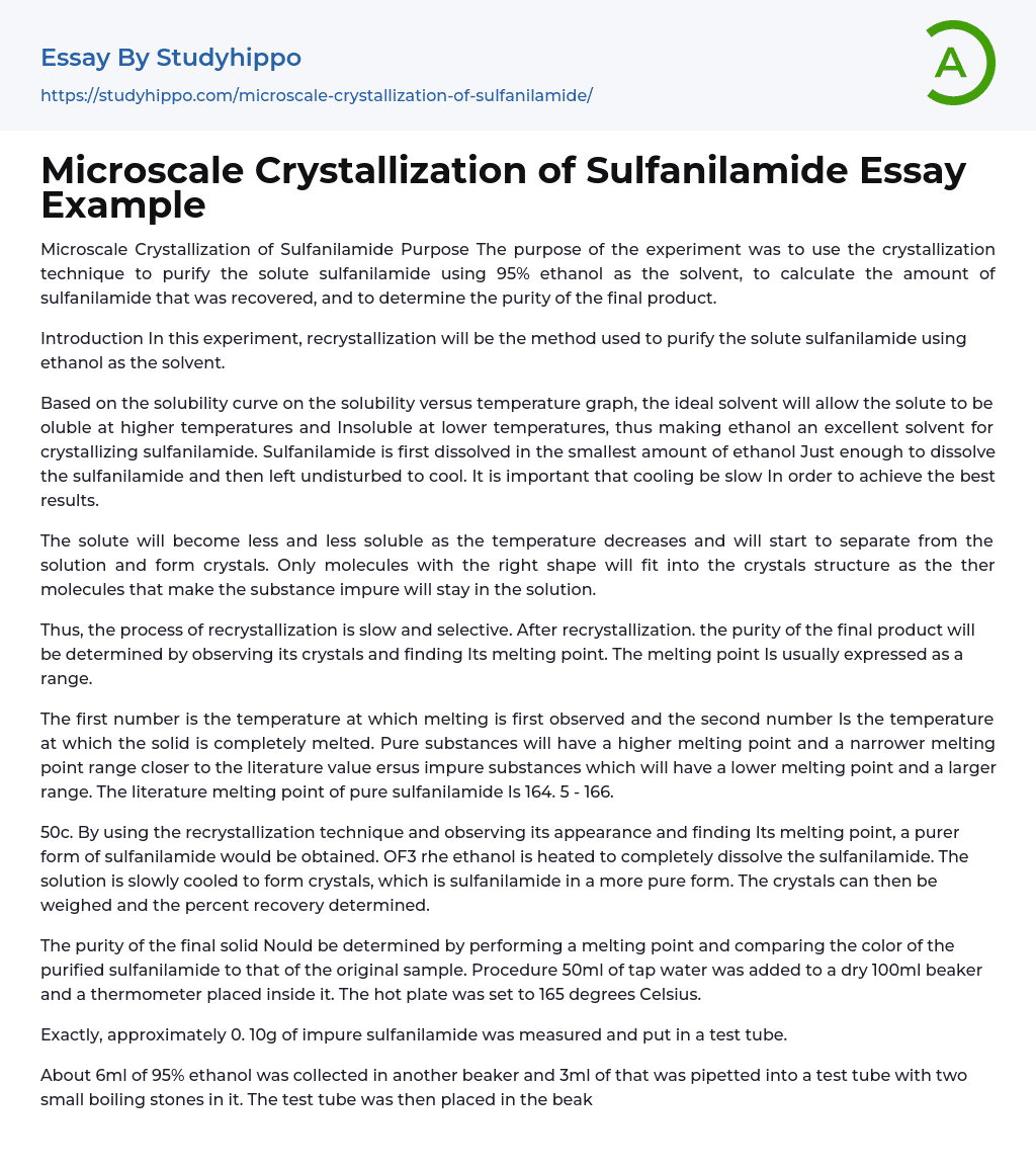 Microscale Crystallization of Sulfanilamide Essay Example