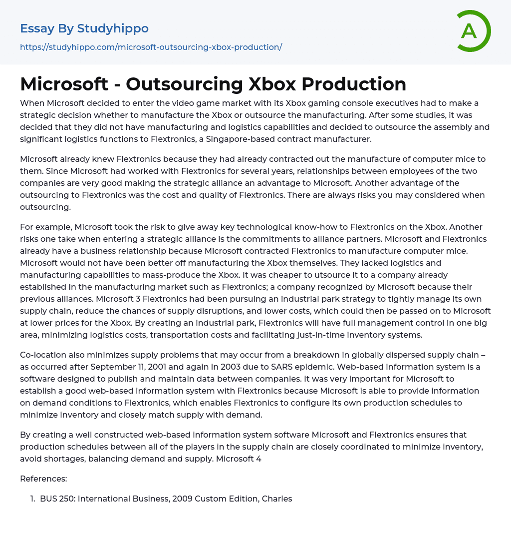 Microsoft – Outsourcing Xbox Production Essay Example
