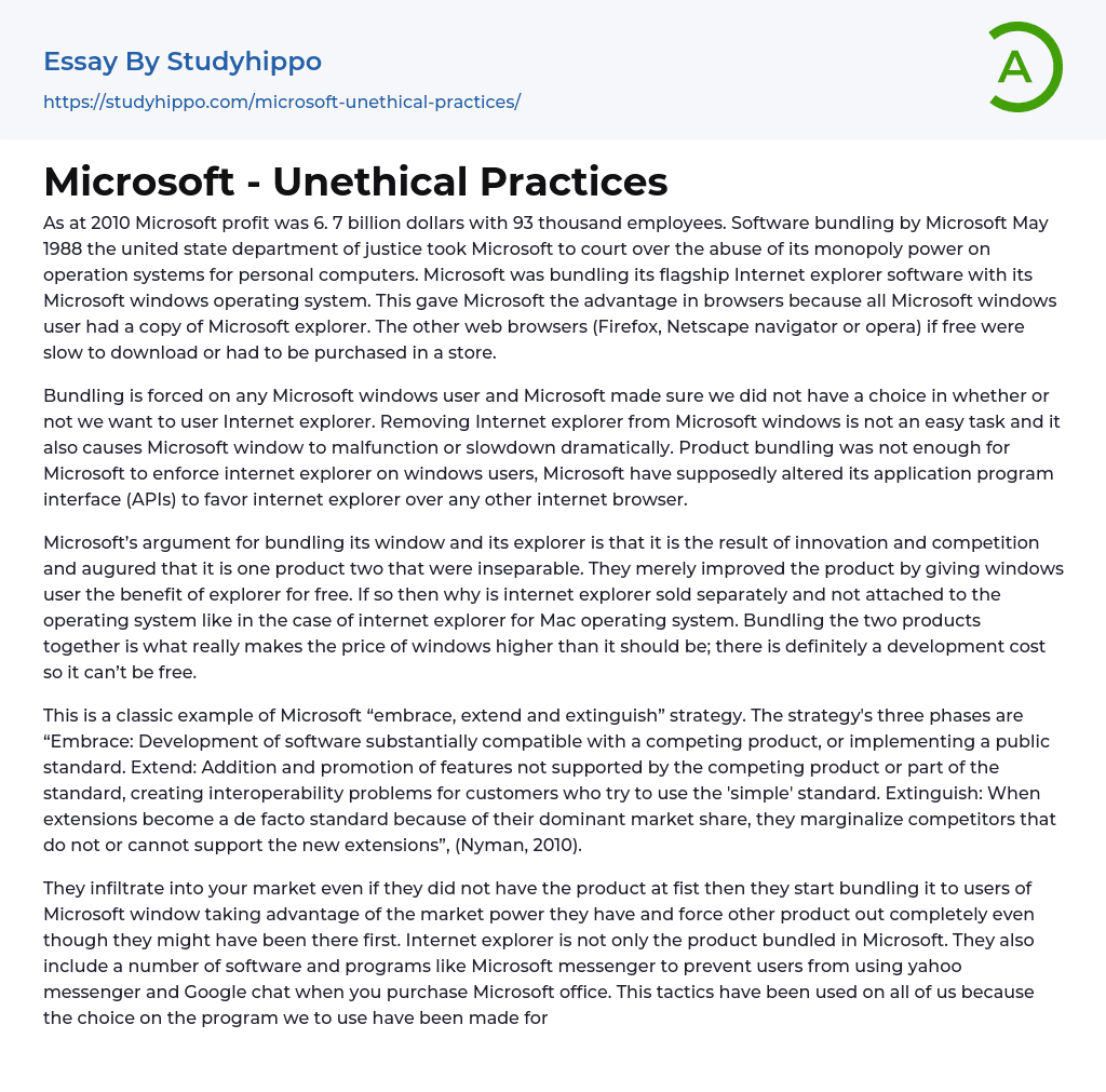 Microsoft – Unethical Practices Essay Example