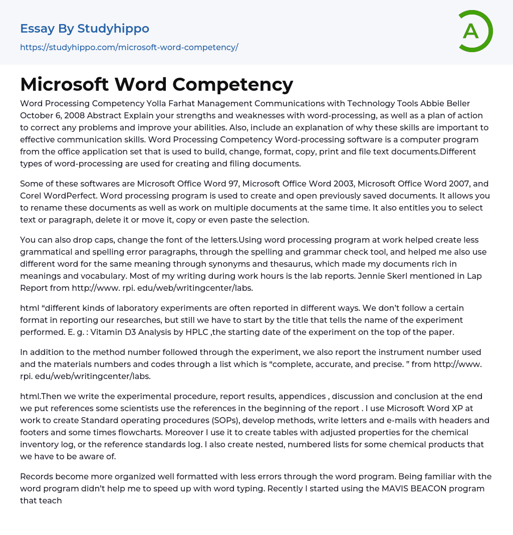 Microsoft Word Competency Essay Example