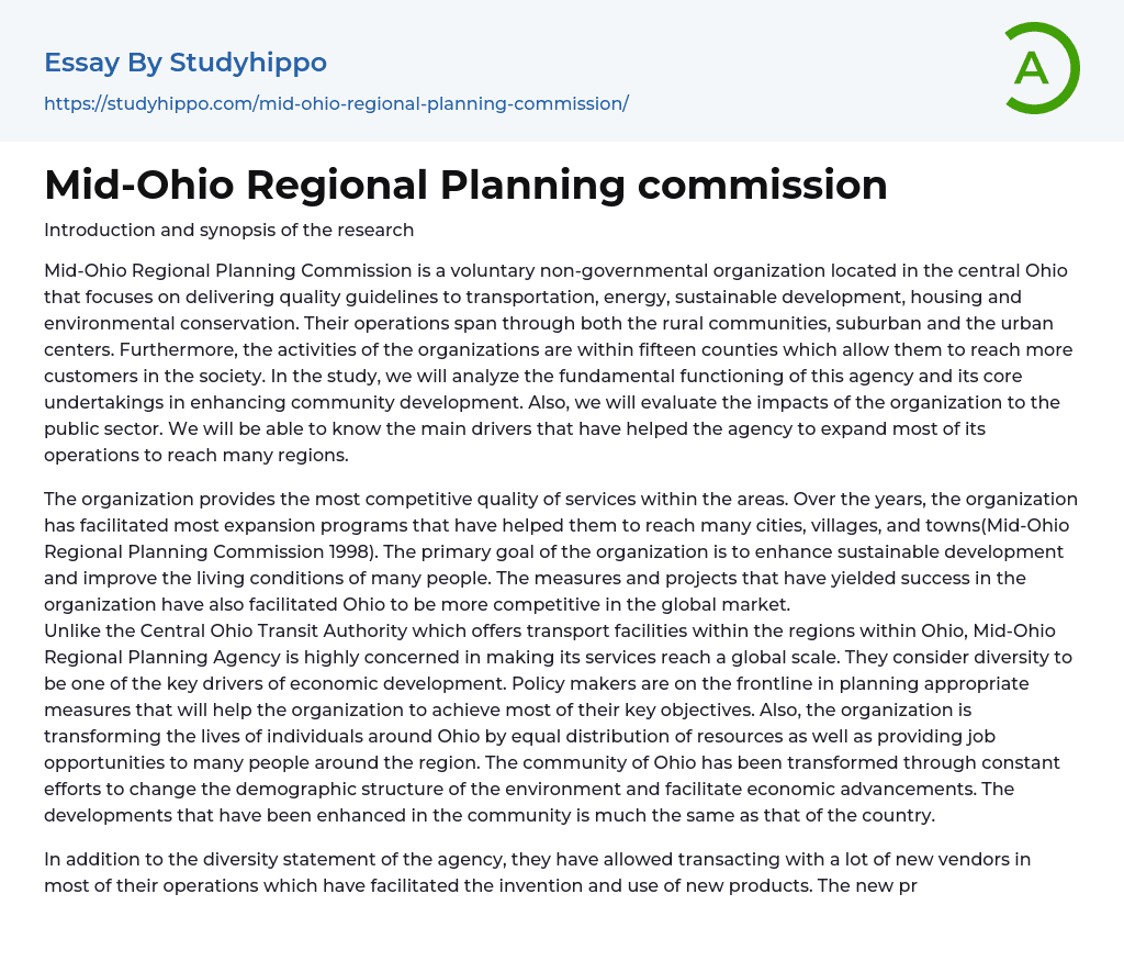 Mid-Ohio Regional Planning commission Essay Example