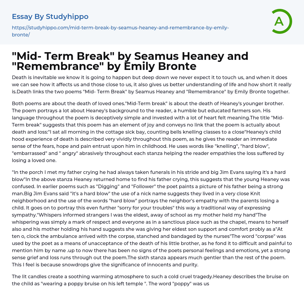 “Mid- Term Break” by Seamus Heaney and “Remembrance” by Emily Bronte Essay Example