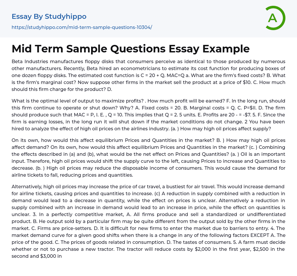 Mid Term Sample Questions Essay Example