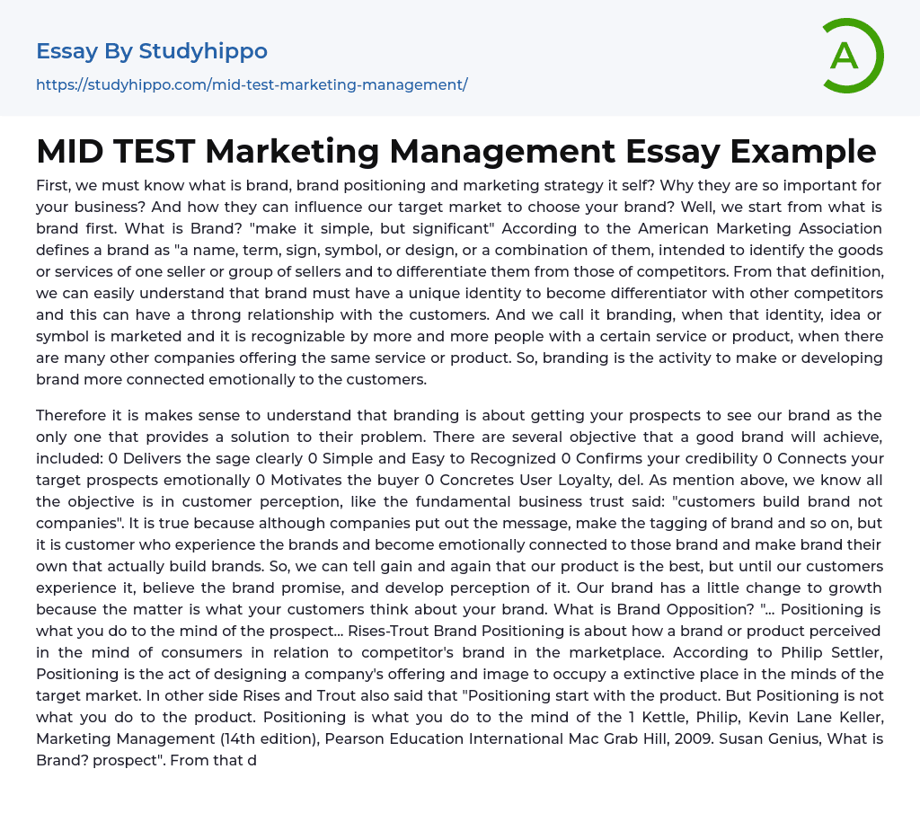 MID TEST Marketing Management Essay Example
