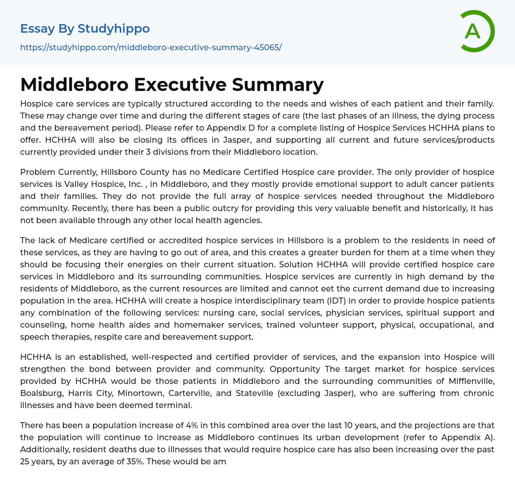 Middleboro Executive Summary Essay Example