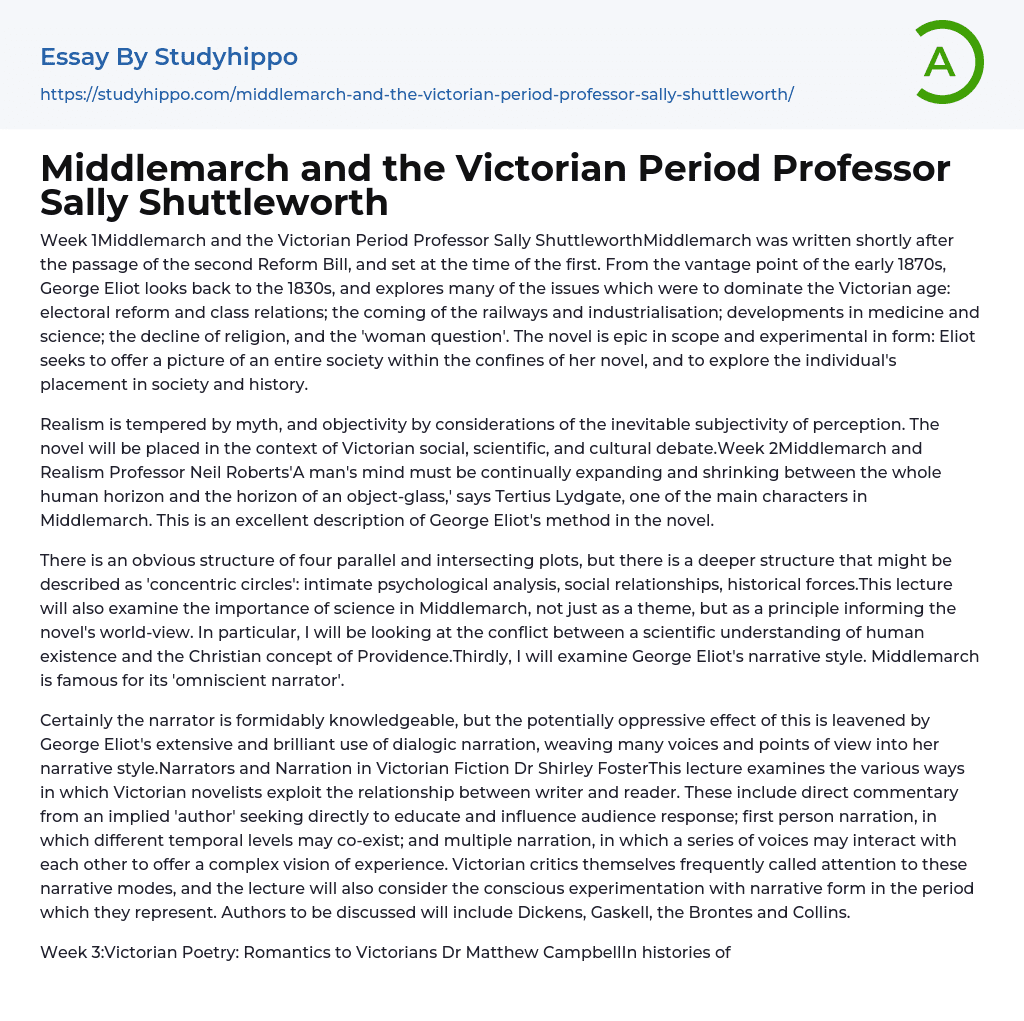 Middlemarch and the Victorian Period Professor Sally Shuttleworth Essay Example