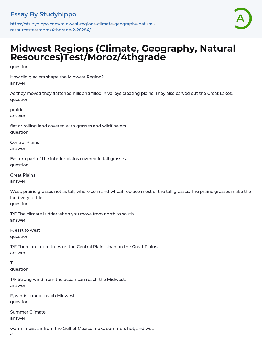 Midwest Regions (Climate, Geography, Natural Resources)Test/Moroz/4thgrade Essay Example
