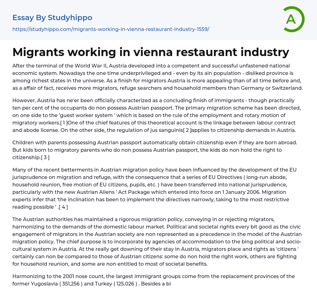 Migrants working in vienna restaurant industry Essay Example