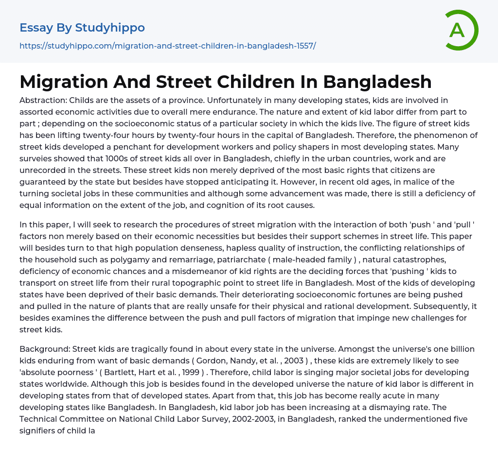 Migration And Street Children In Bangladesh Essay Example