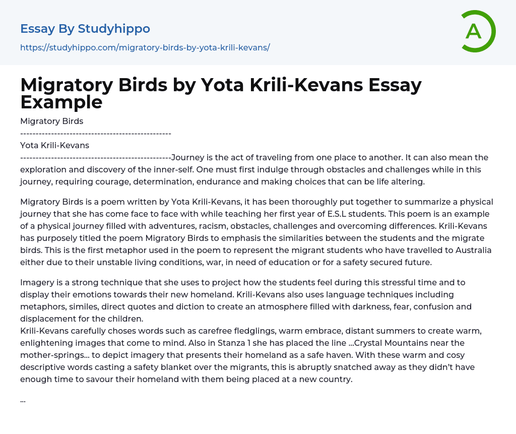 Migratory Birds by Yota Krili-Kevans Essay Example