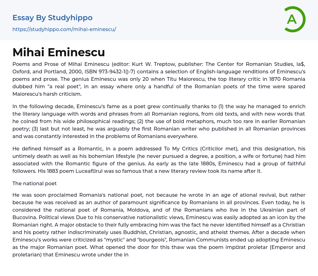 Mihai Eminescu Essay Example