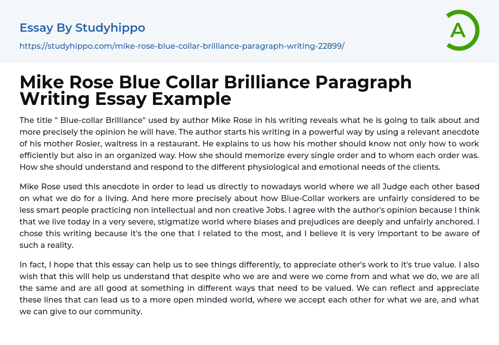 Mike Rose Blue Collar Brilliance Paragraph Writing Essay Example