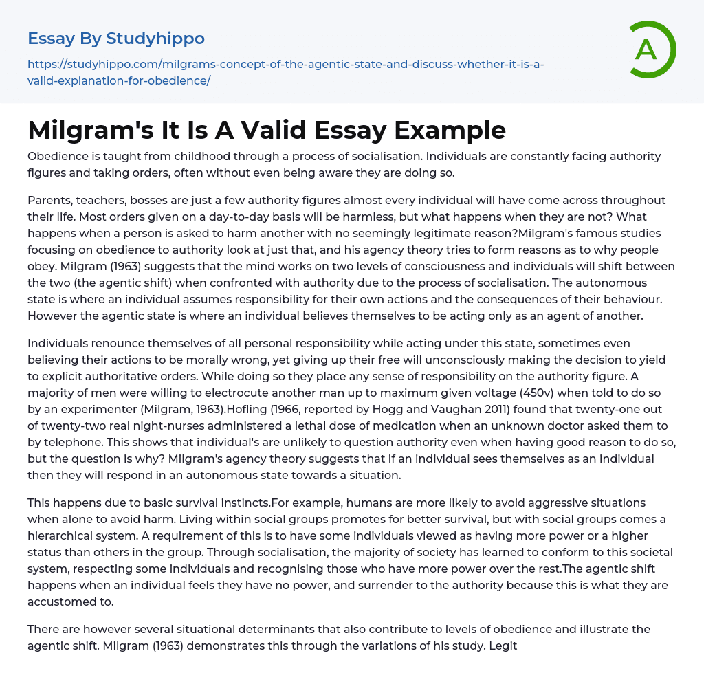 Milgram’s It Is A Valid Essay Example