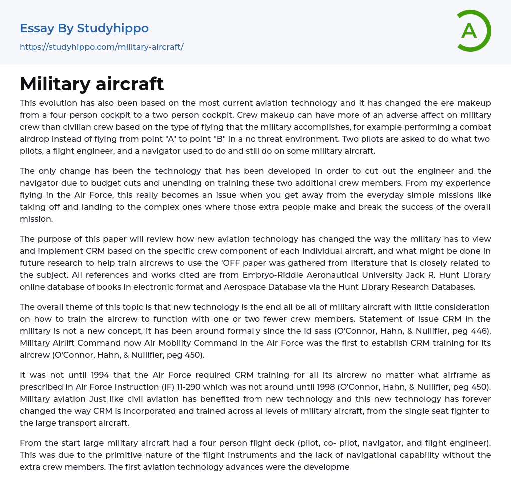 Military aircraft Essay Example