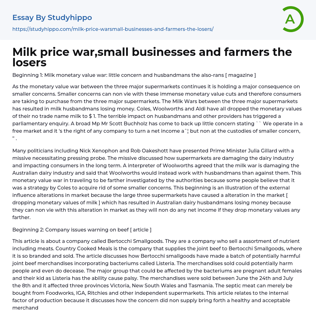 Milk price war,small businesses and farmers the losers Essay Example
