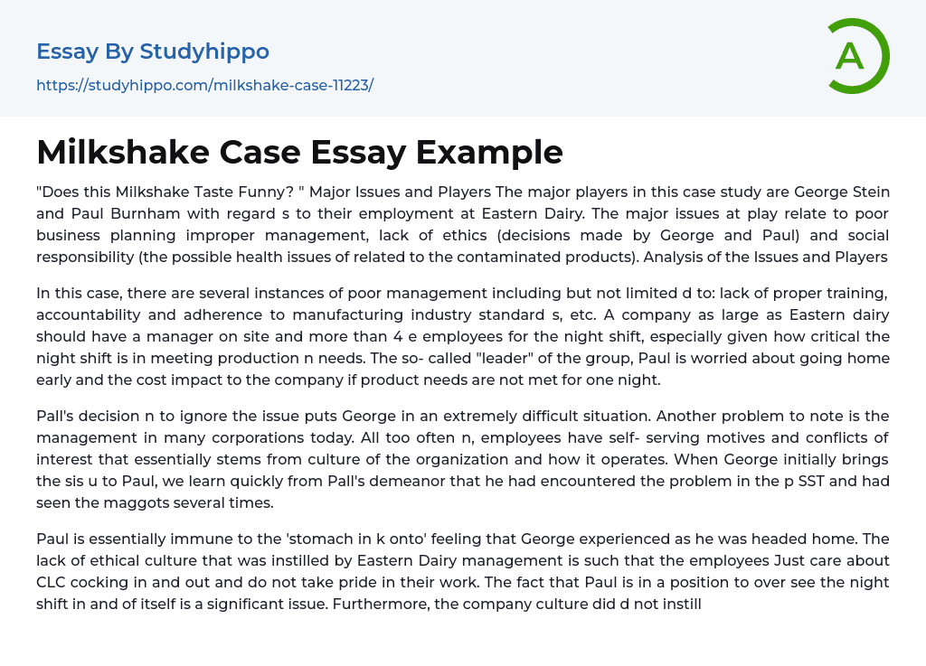 Milkshake Case Essay Example