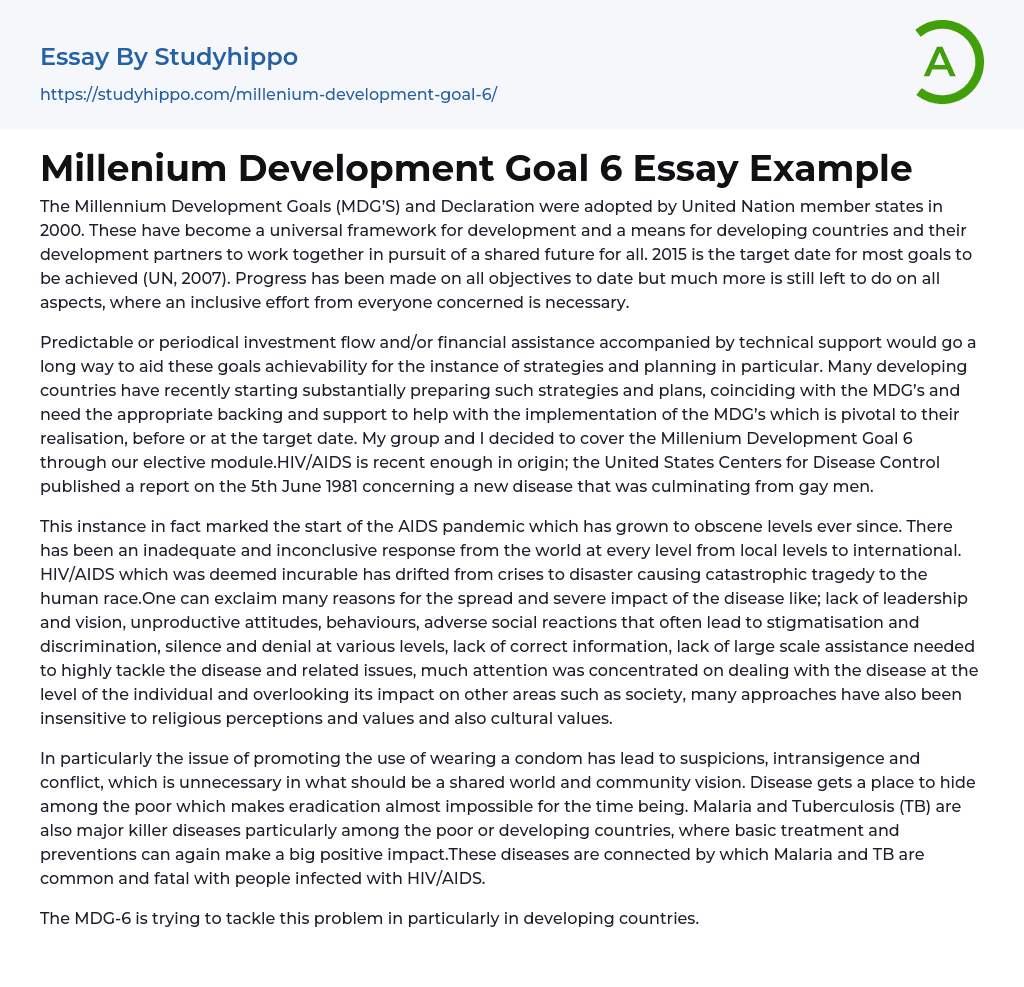 Millenium Development Goal 6 Essay Example