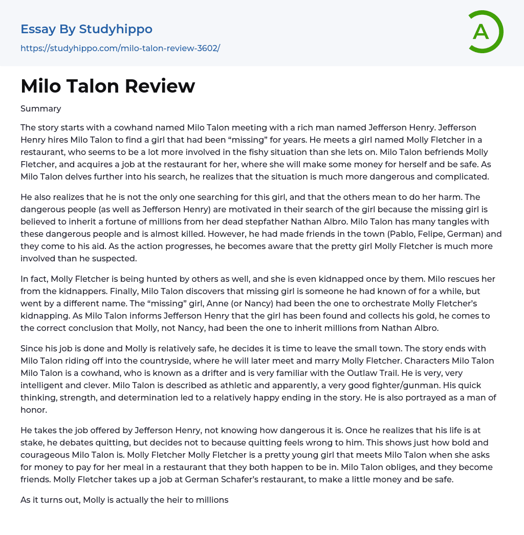 Milo Talon Review Essay Example
