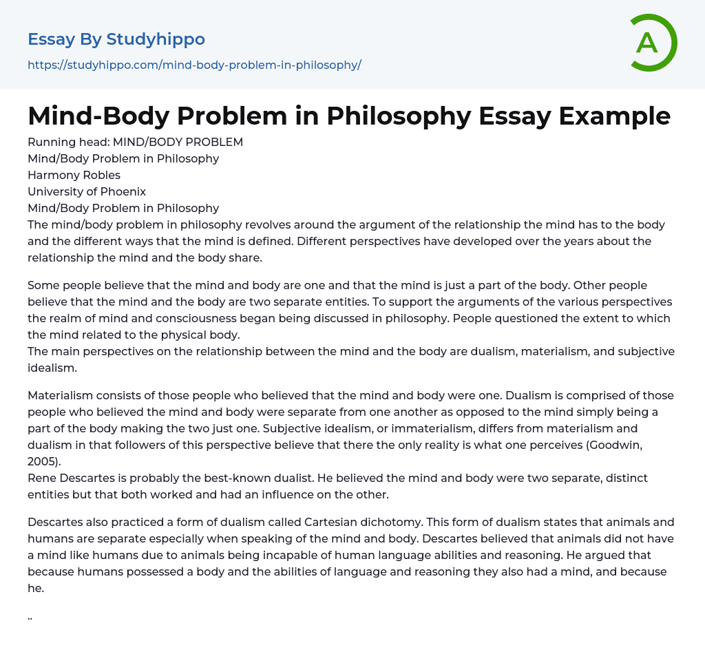Mind-Body Problem in Philosophy Essay Example