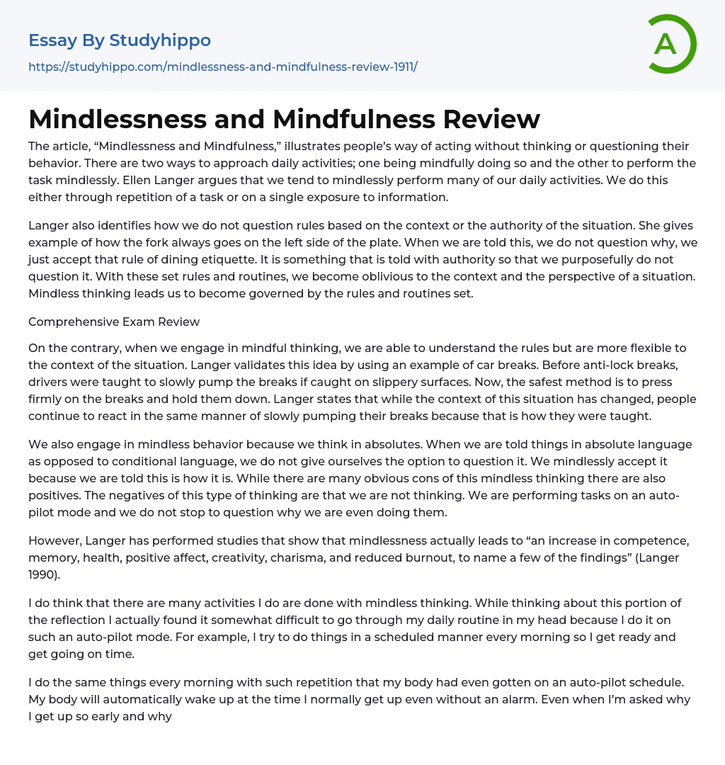 Mindlessness and Mindfulness Review Essay Example