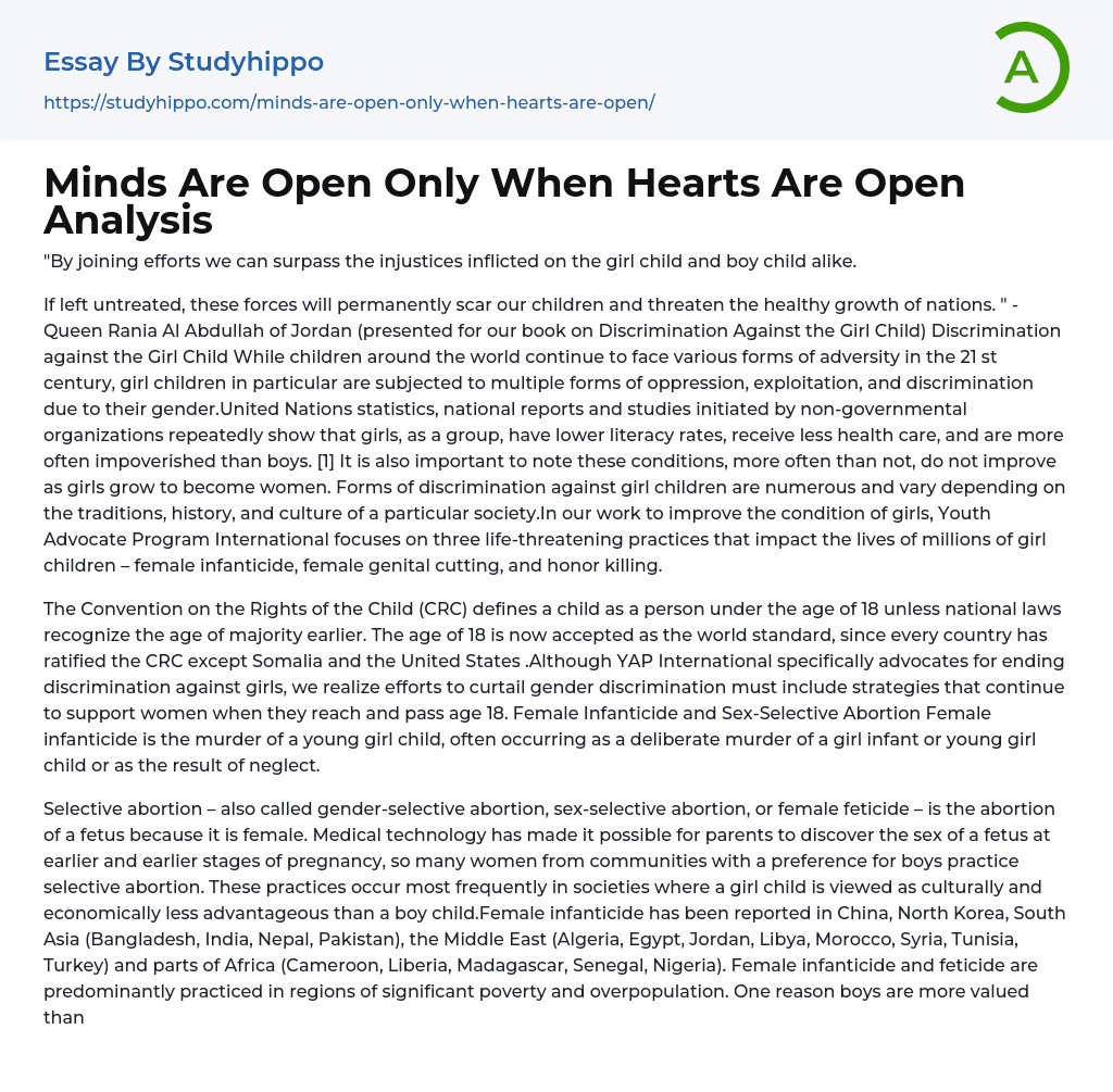 Minds Are Open Only When Hearts Are Open Analysis Essay Example