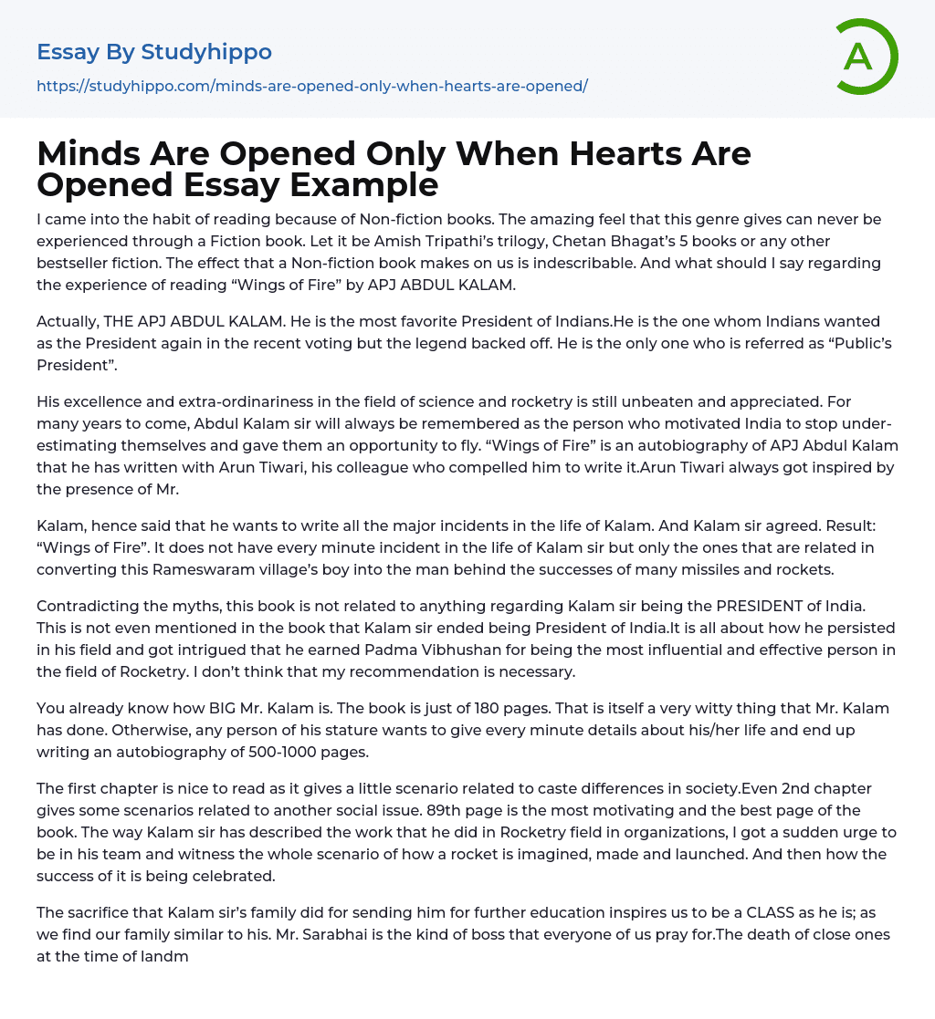 Minds Are Opened Only When Hearts Are Opened Essay Example