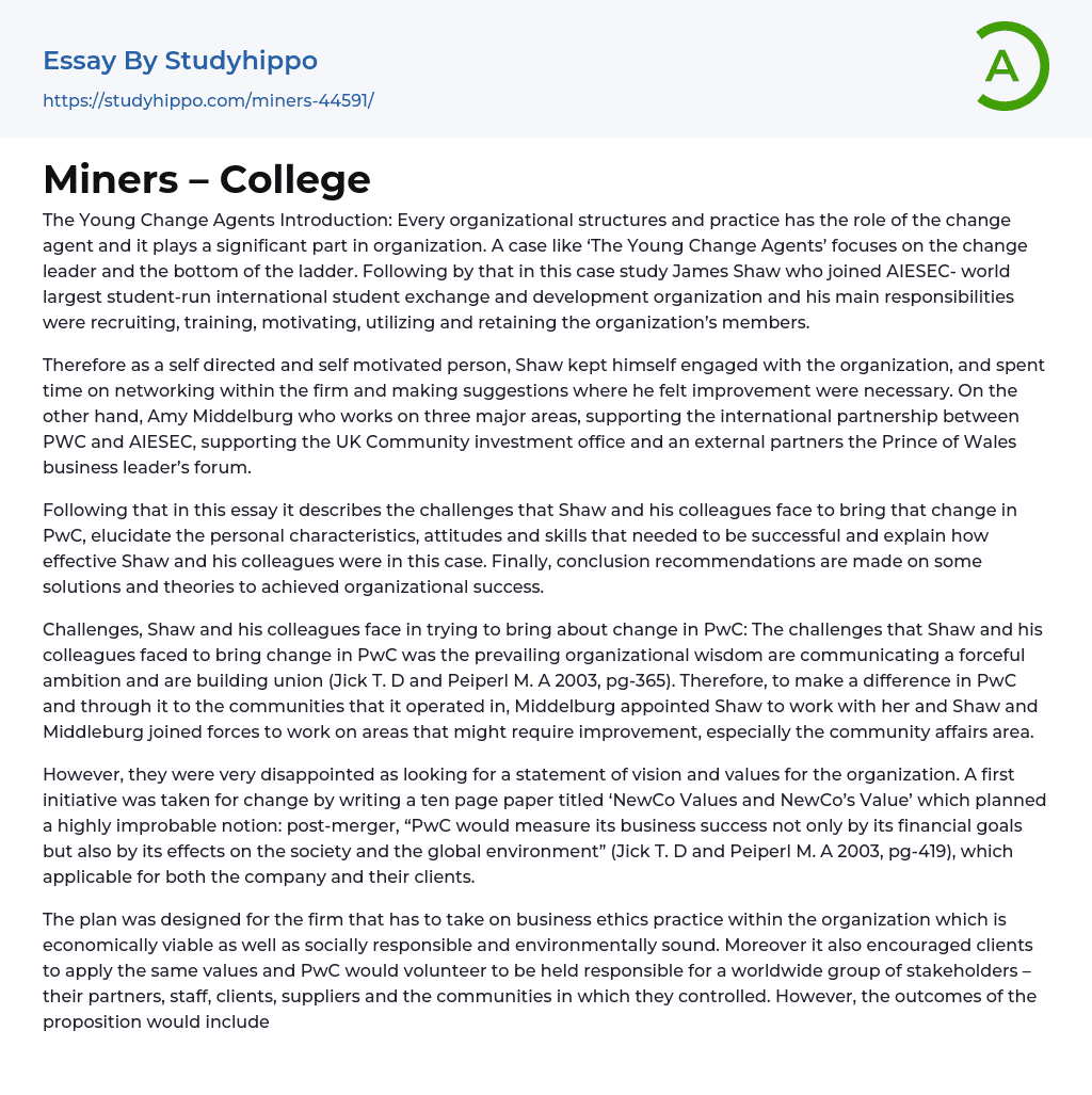 Miners – College Essay Example