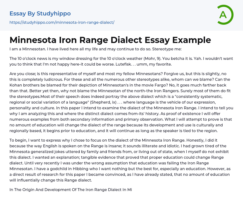 Minnesota Iron Range Dialect Essay Example