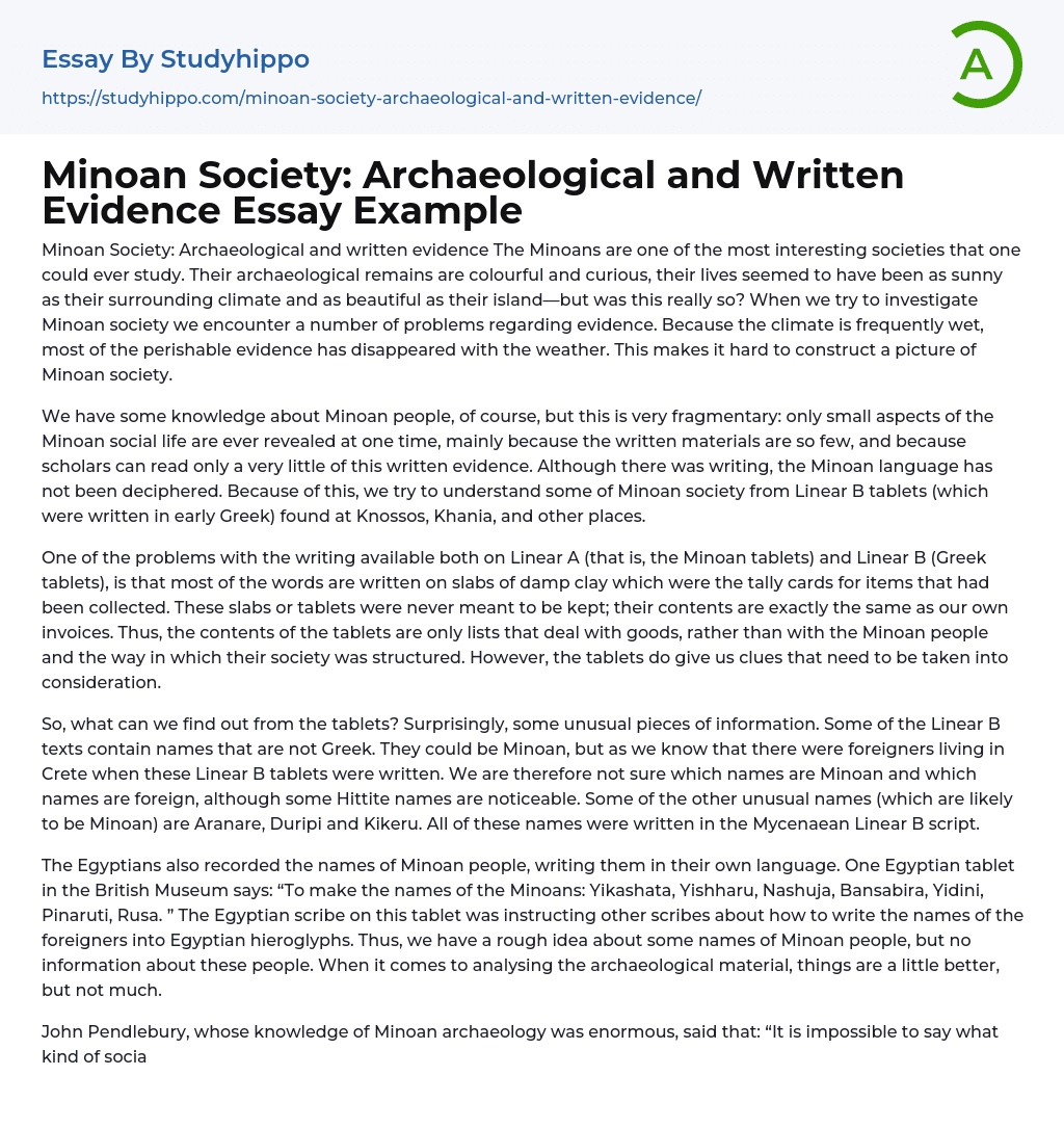 Minoan Society: Archaeological and Written Evidence Essay Example