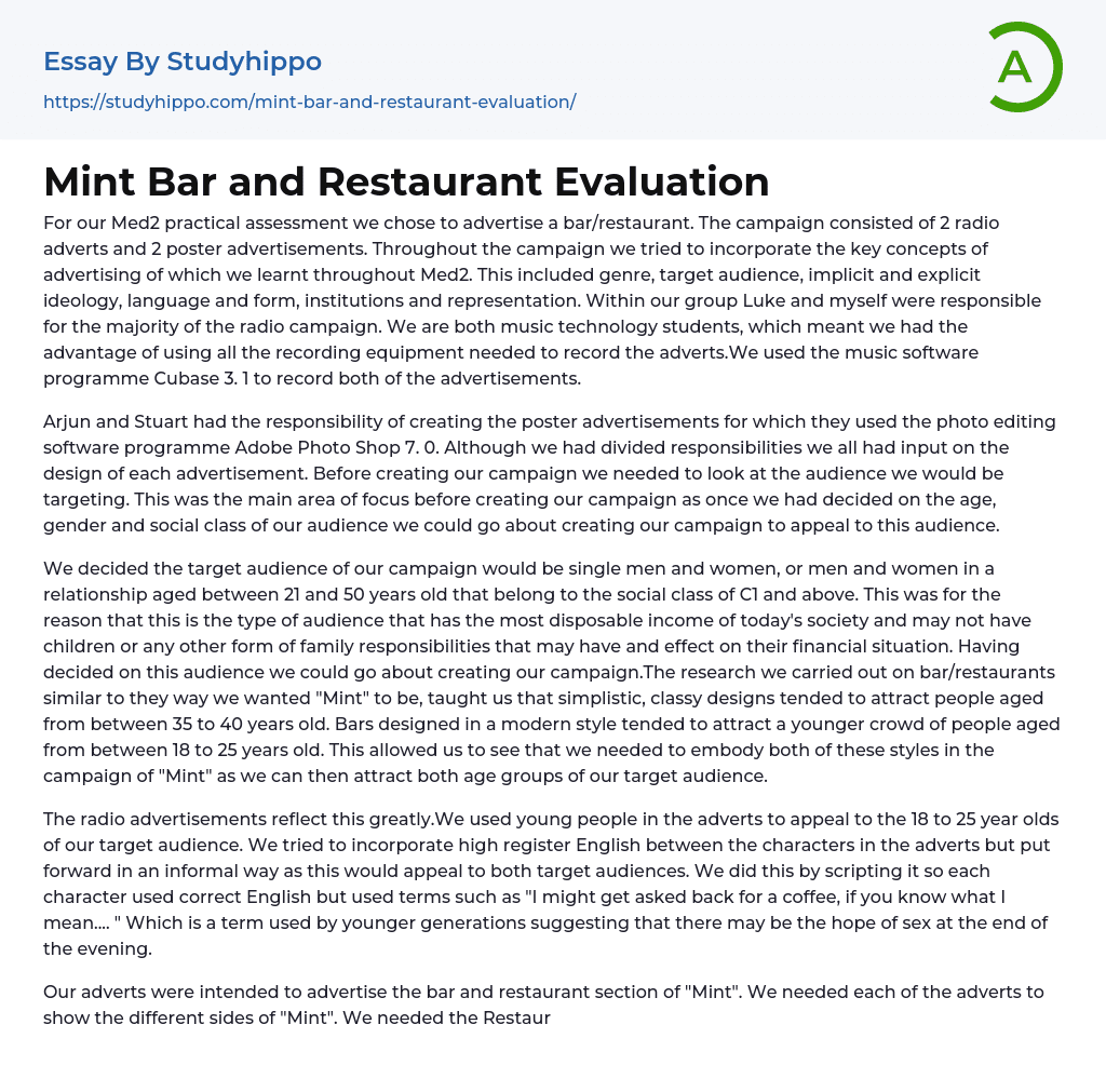 Mint Bar and Restaurant Evaluation Essay Example