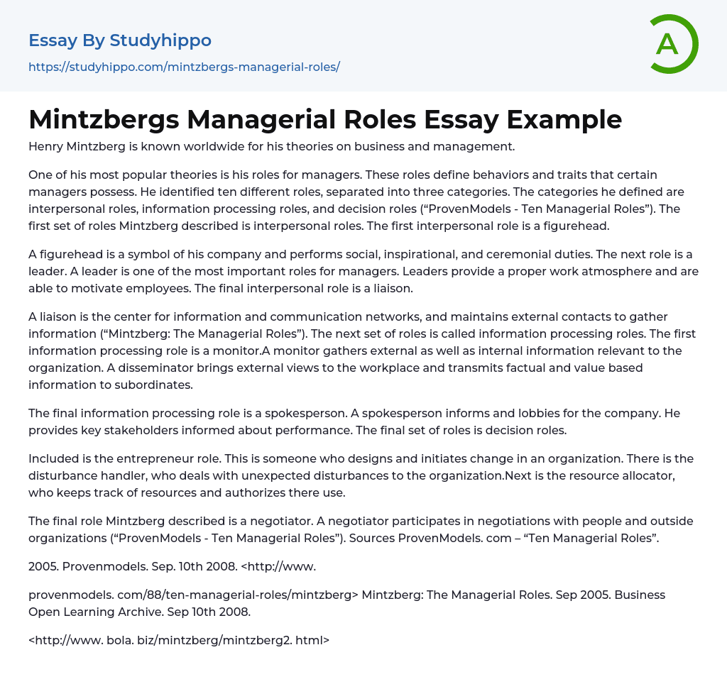 Mintzbergs Managerial Roles Essay Example