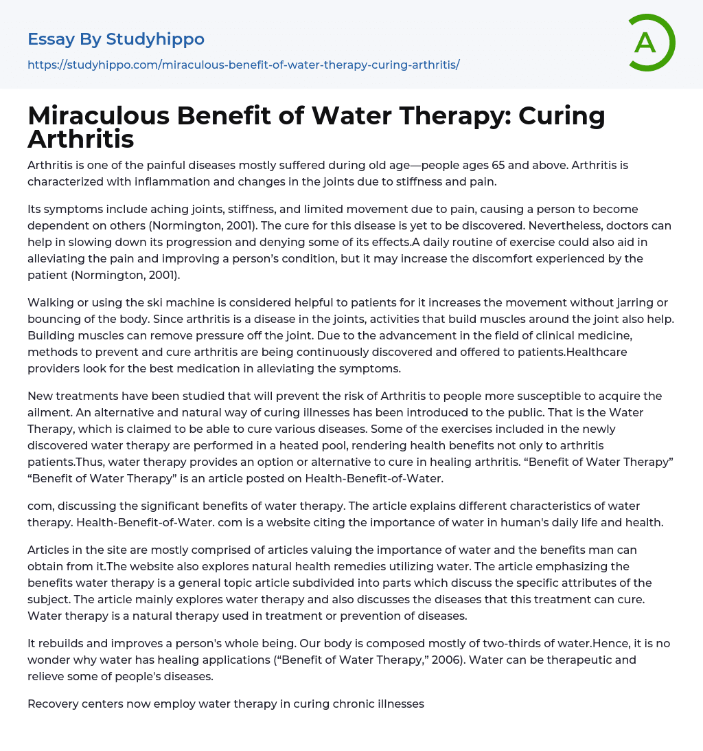 Miraculous Benefit of Water Therapy: Curing Arthritis Essay Example