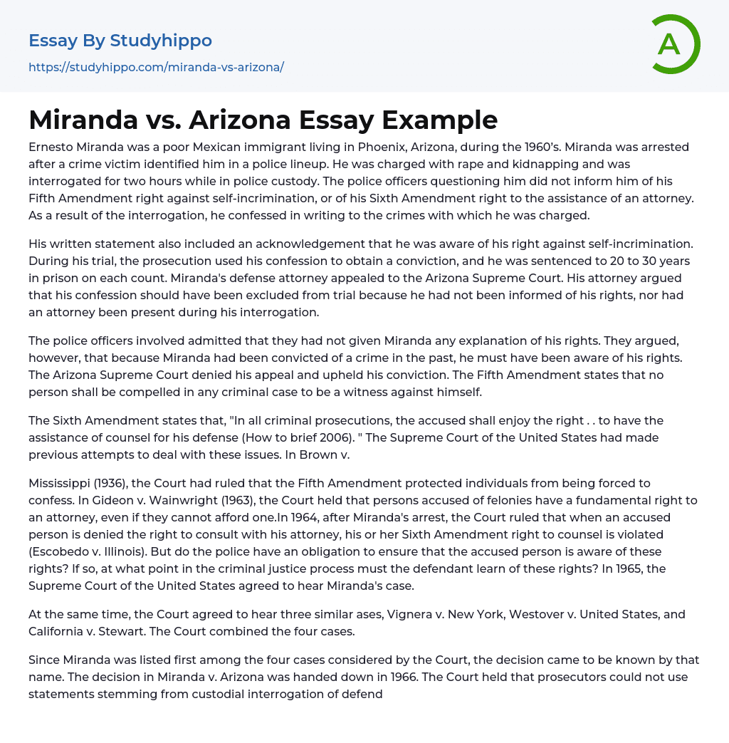 Miranda vs. Arizona Essay Example