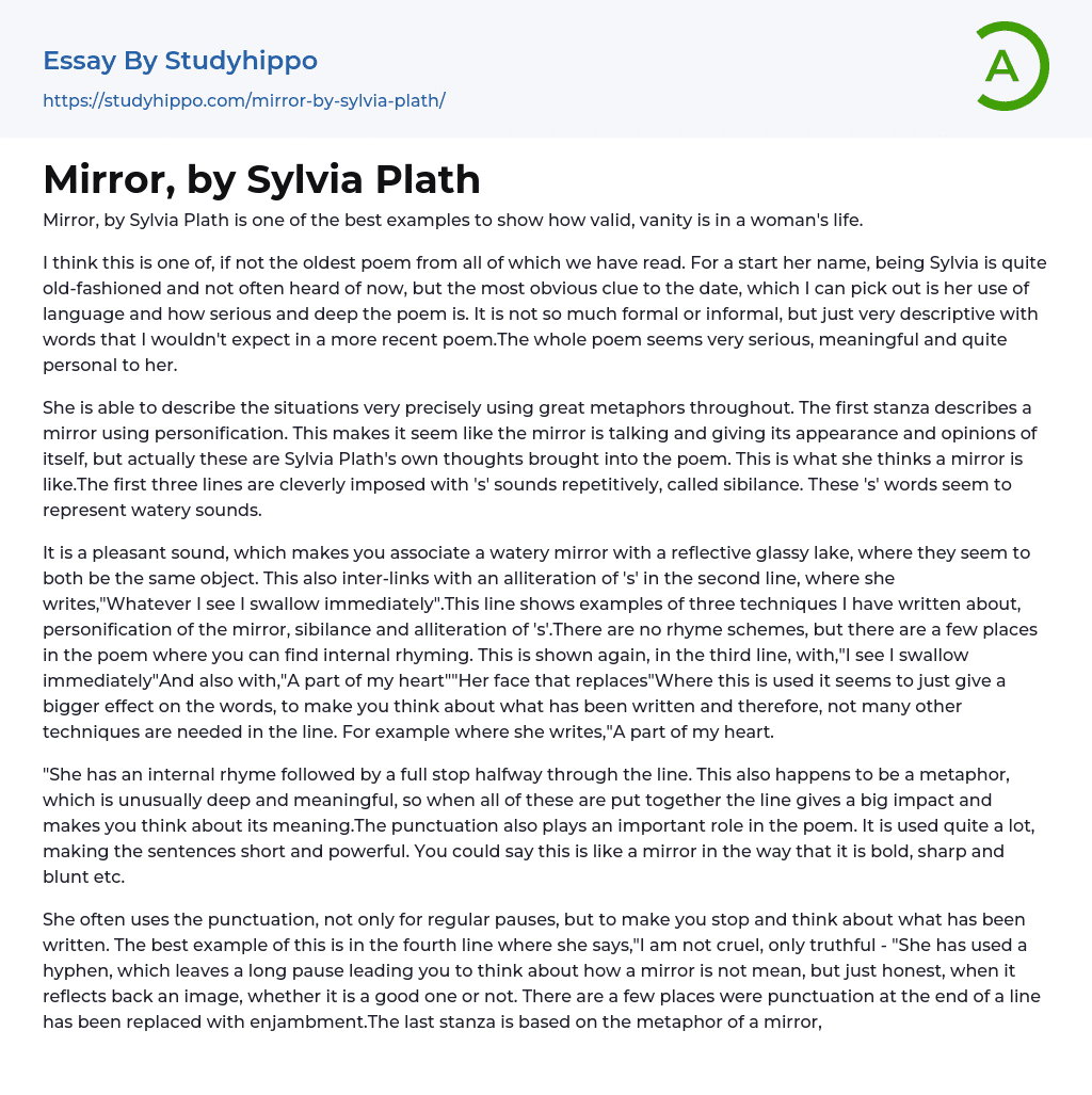 Mirror, by Sylvia Plath Essay Example
