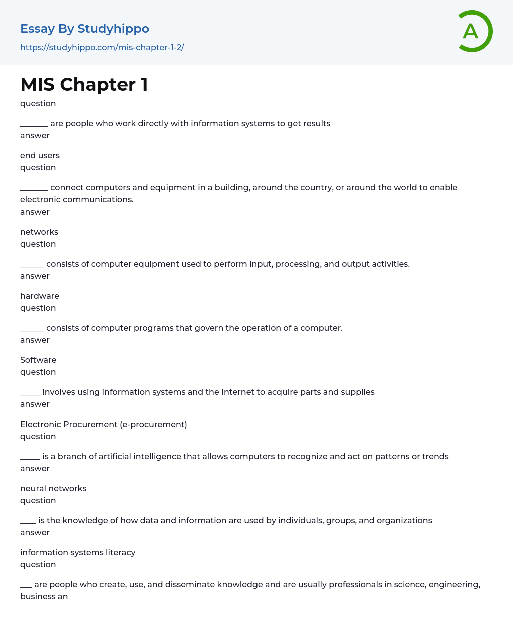 MIS Chapter 1 Essay Example