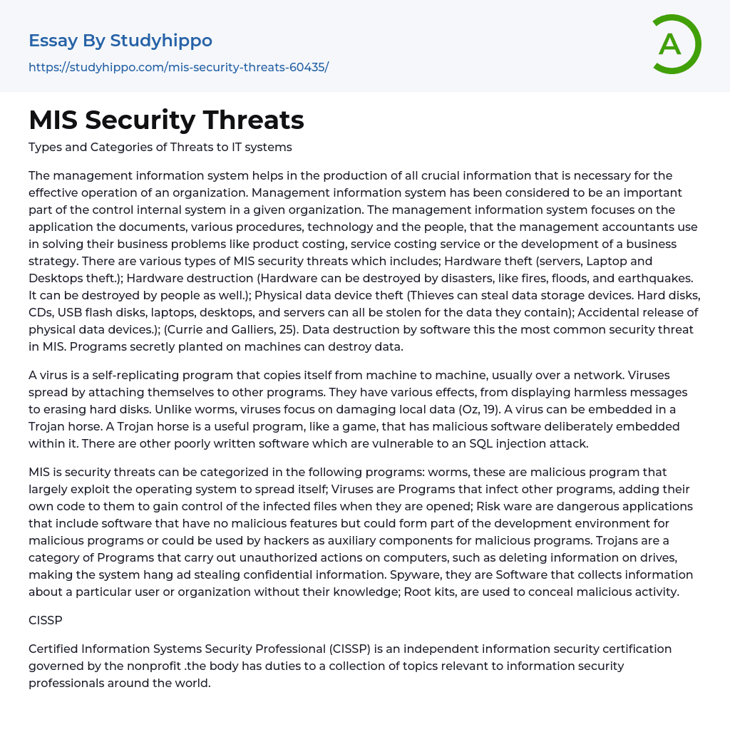MIS Security Threats Essay Example