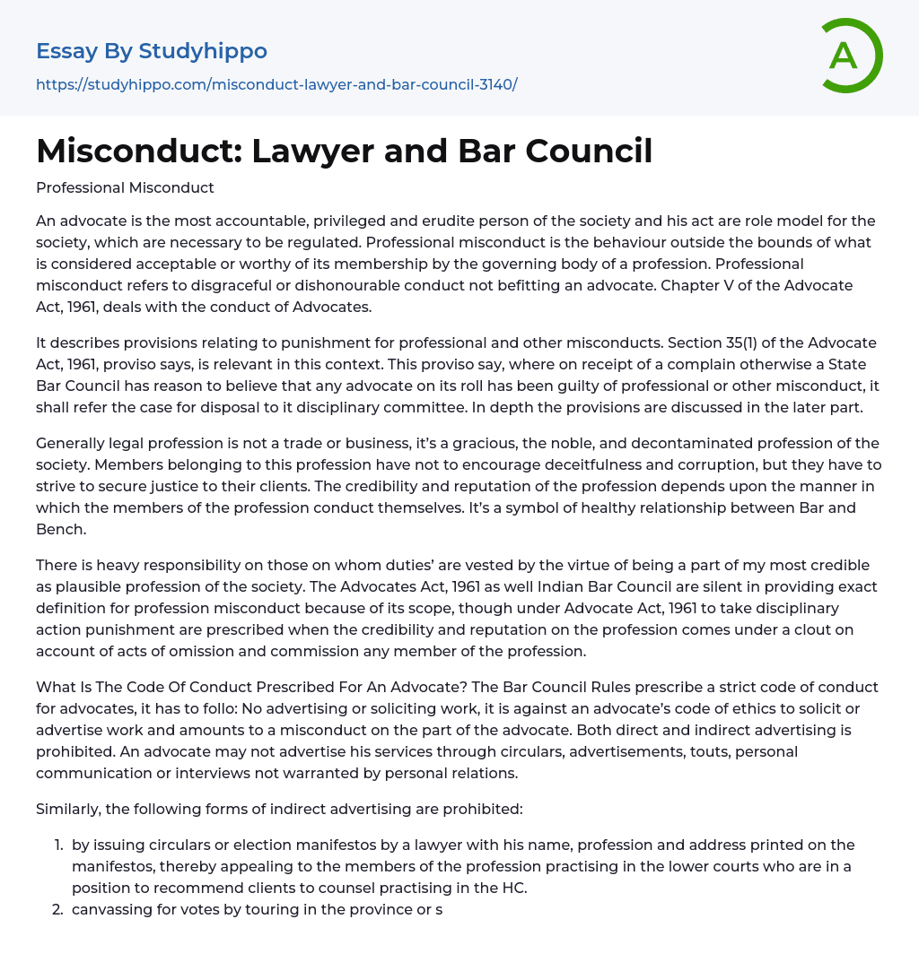 Misconduct: Lawyer and Bar Council Essay Example